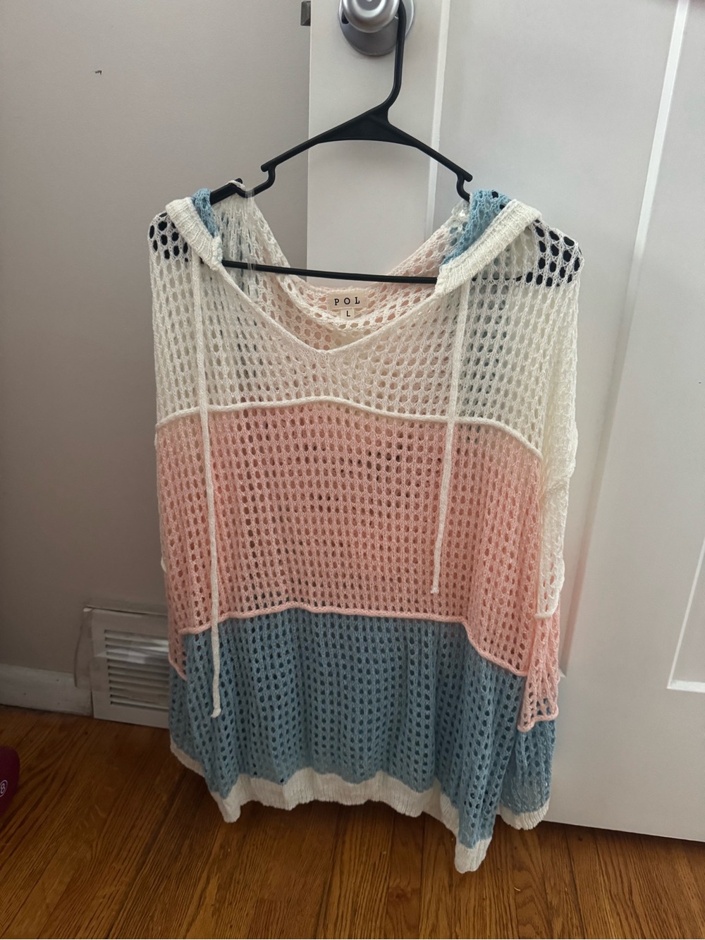 POL Colorblock Crochet Hooded Swim Cover-Up in White, Pink & Blue